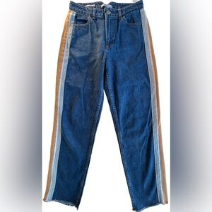 Bershka Blue Denim Jeans with Tan/orange and white Stripes Mom Jeans size 4